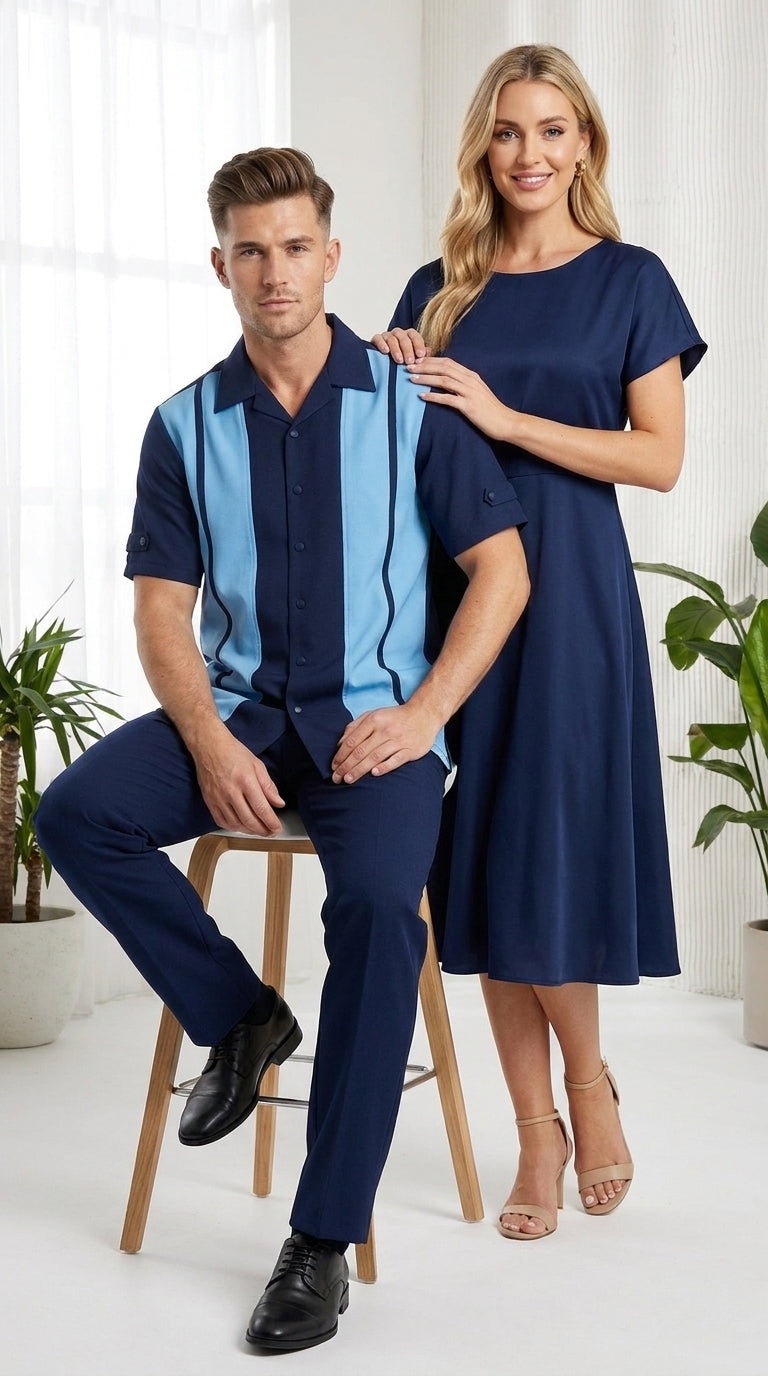Men’s Navy and Sky Blue Walking Suit – 2-Piece Short Sleeve Casual Leisure Outfit