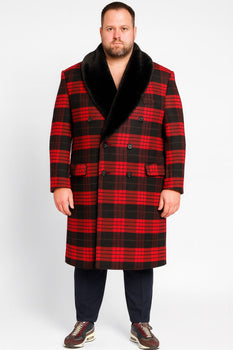 Mens Red and Black Plaid Wool Overcoat with Black Faux Fur Shawl Collar – Double-Breasted Winter Coat - Tartan Design