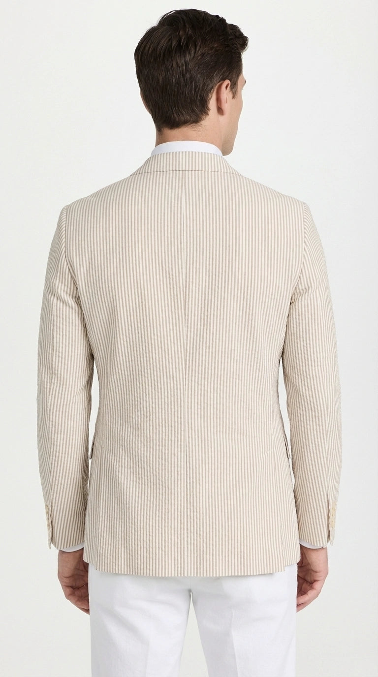 Mens Beige Seersucker Blazer – Lightweight Striped Summer Sport Coat Casual Smart Formal Blazer