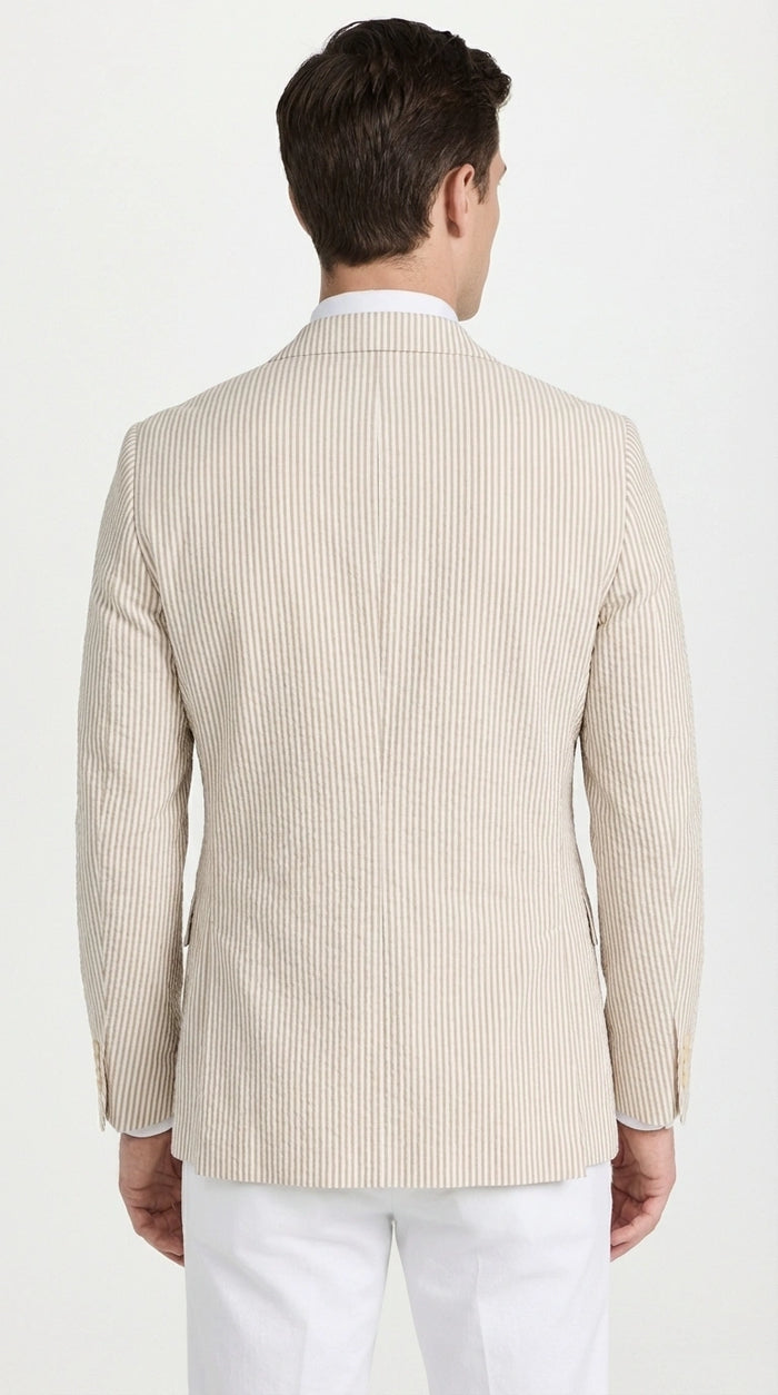 Mens Beige Seersucker Blazer – Lightweight Striped Summer Sport Coat Casual Smart Formal Blazer
