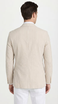 Mens Beige Seersucker Blazer – Lightweight Striped Summer Sport Coat Casual Smart Formal Blazer