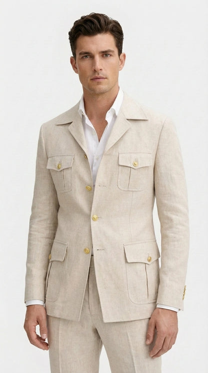 Mens Tan Beige Safari Military Walking Suit Set – Casual Two Piece Outfit Lightweight Summer Blazer and Pants Set Classic Casual Wear