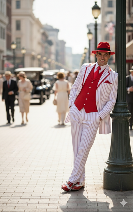 Men’s 1920s White and Red Pinstripe Zoot Suit with Fedora Hat and Wingtip Shoes – Vintage Gangster 3-Piece New Year Holiday Christmas Suit