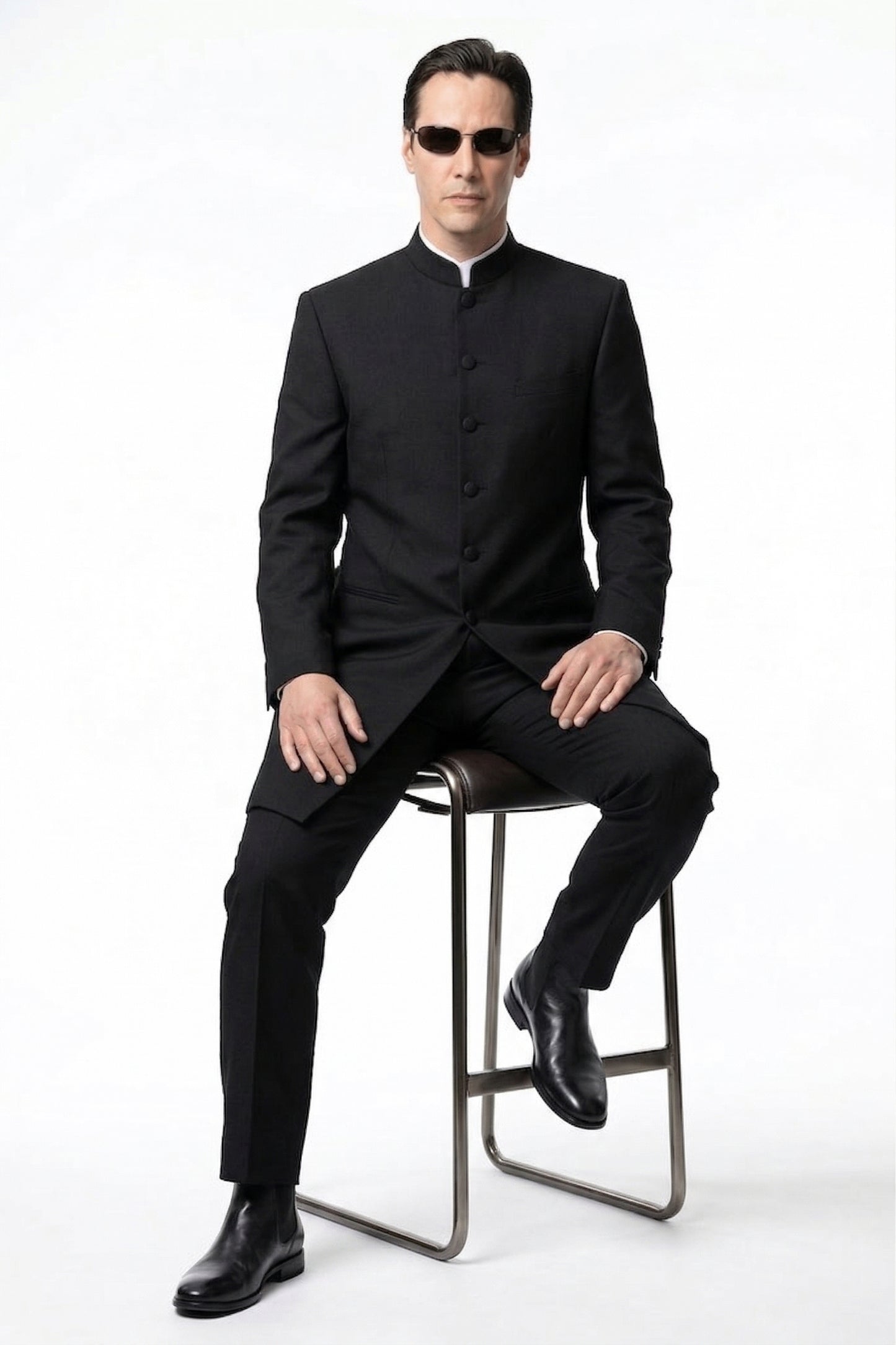 Men’s Black Coat Matrix Keanu Reeves Inspired Long Coat – Classic Mandarin Collar Formal Overcoat, Stylish Winter Trench Coat, Neo Style Jacket