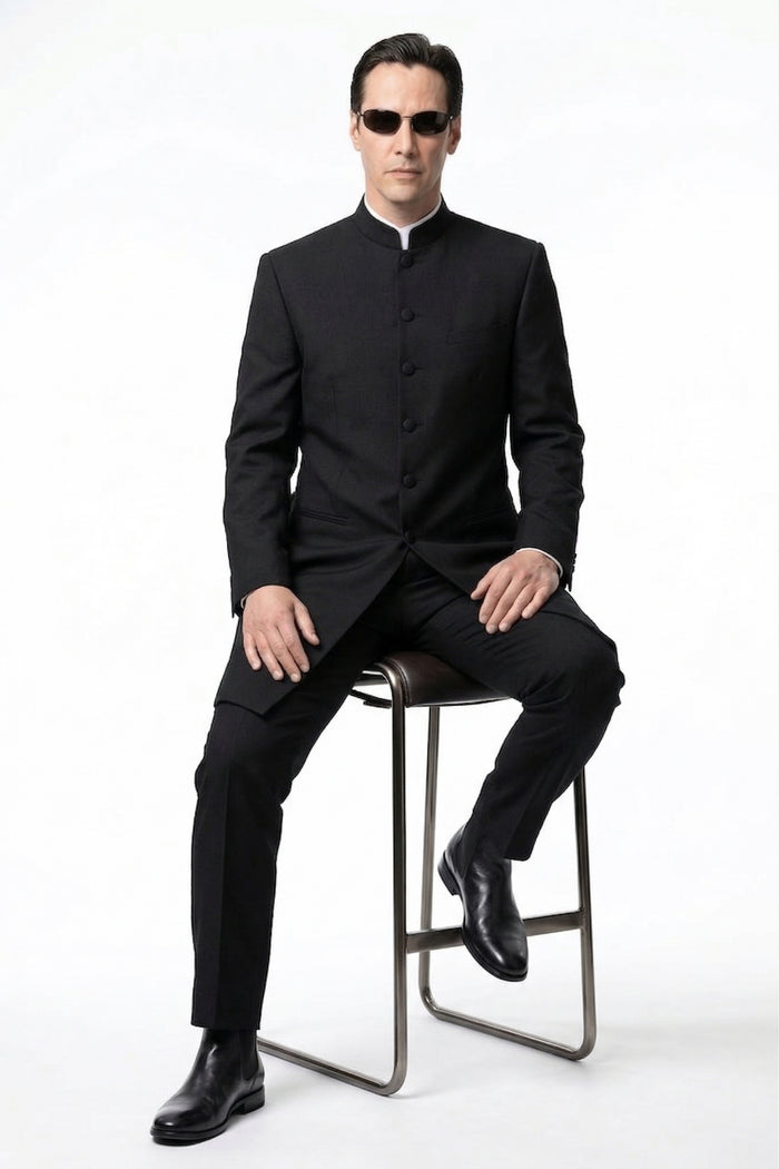 Men’s Black Coat Matrix Keanu Reeves Inspired Long Coat – Classic Mandarin Collar Formal Overcoat, Stylish Winter Trench Coat, Neo Style Jacket