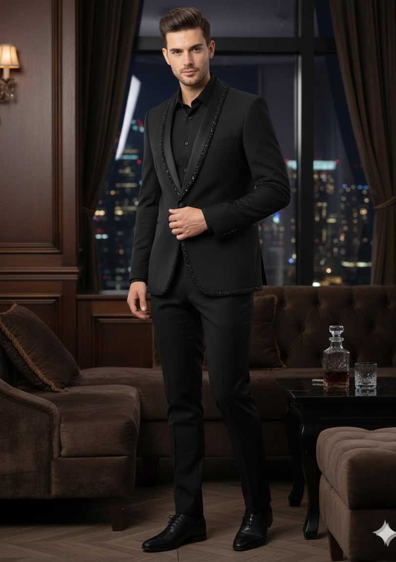 Mens Classic Black Designer Tuxedo Suit with Beaded Lapel – Elegant Formal and Party Wear Jacket and Pants - Image 5