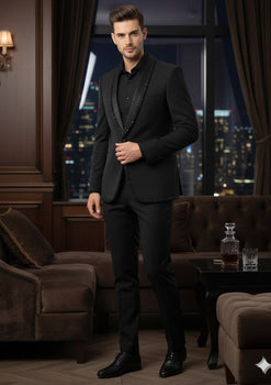 Mens Classic Black Designer Tuxedo Suit with Beaded Lapel – Elegant Formal and Party Wear Jacket and Pants - Image 5