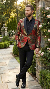 Men’s Red and Gold Floral Pattern Paisley  Shawl Lapel | Luxury Evening and Party Wear Jacket Prom Christmas New Year Blazer
