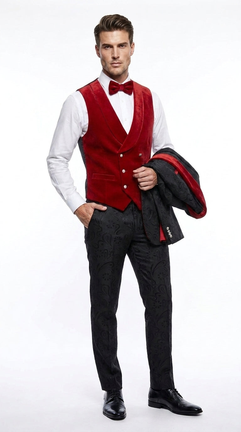 Men’s Black Paisley Tuxedo with Red Velvet Shawl Lapel – 3 Piece Wedding Prom Suit With Matching Bowtie