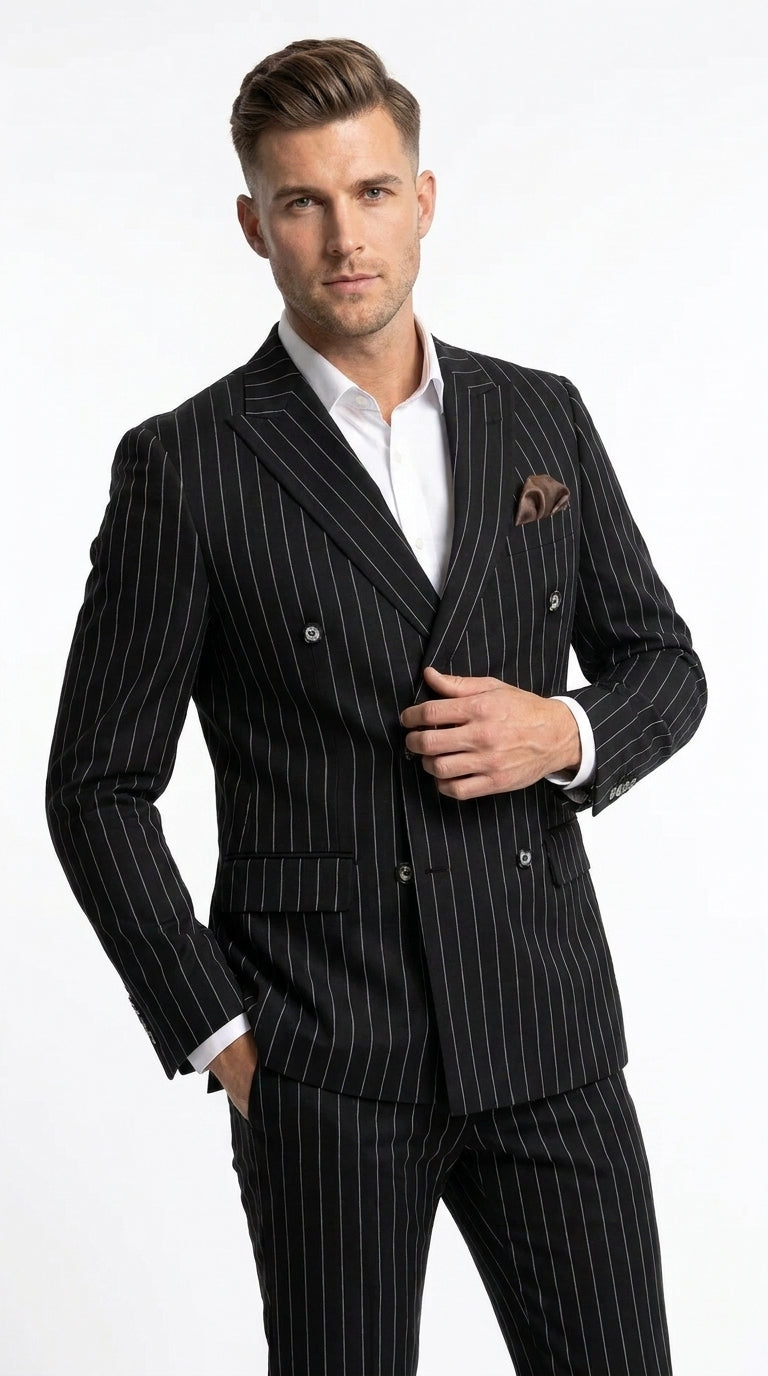 Men's Black Pinstripe Tuxedo Suit – Classic  & 1920s Gangster Formal Wear Vintage 1940s 1930s Look