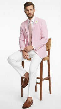 Mens Pink Seersucker Blazer – Lightweight Striped Summer Sport Coat Casual Smart Formal Jacket