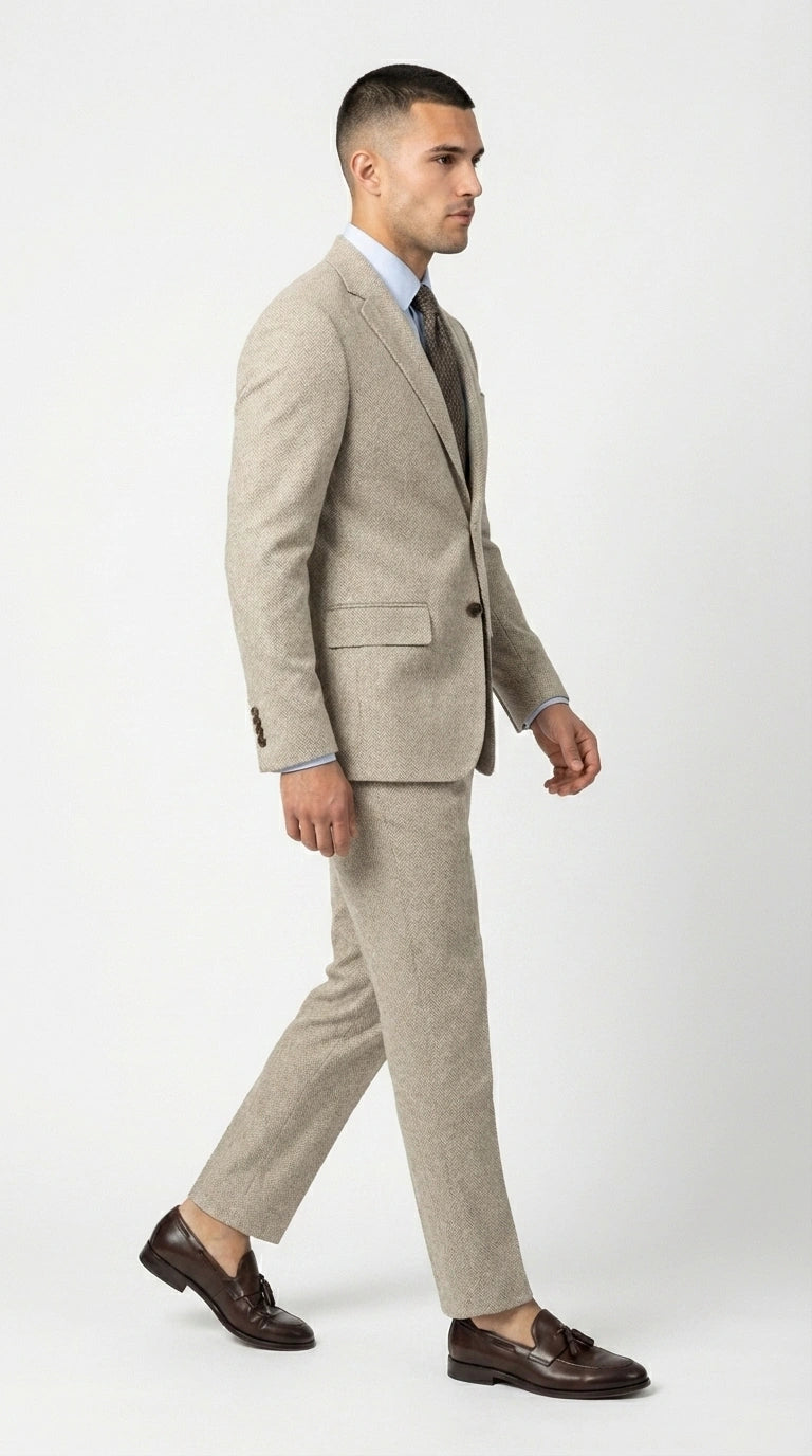 Men’s Light Tan Tweed Suit – Classic Beige Two Piece Suit, Herringbone Formal Wear, Vintage Style Business & Wedding Outfit for Men