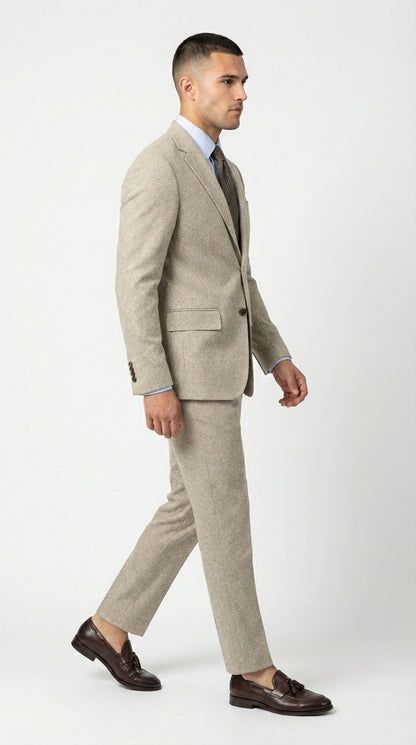 Men’s Light Tan Tweed Suit – Classic Beige Two Piece Suit, Herringbone Formal Wear, Vintage Style Business & Wedding Outfit for Men