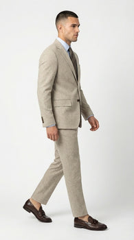Men’s Light Tan Tweed Suit – Classic Beige Two Piece Suit, Herringbone Formal Wear, Vintage Style Business & Wedding Outfit for Men