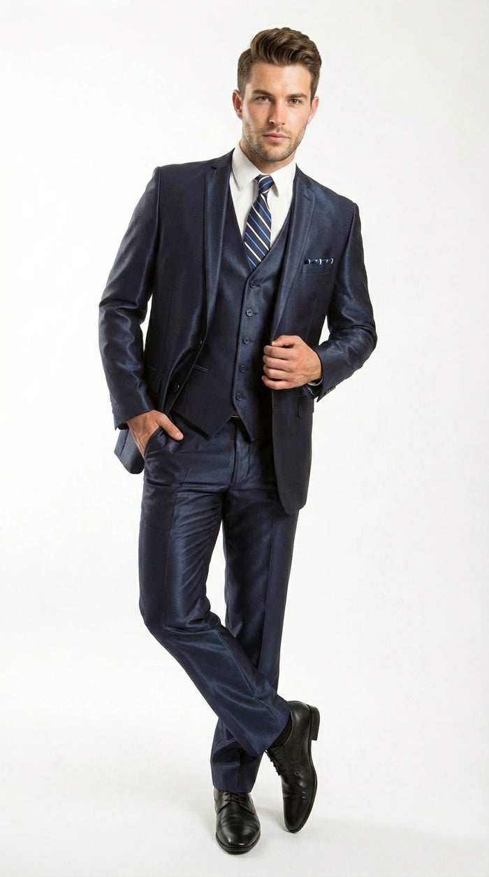 Men’s Navy Blue Sharkskin 3 Piece Suit – Two Button Vested Shiny Formal Suit for Wedding, Prom, Business and Party Wear Modern Fit