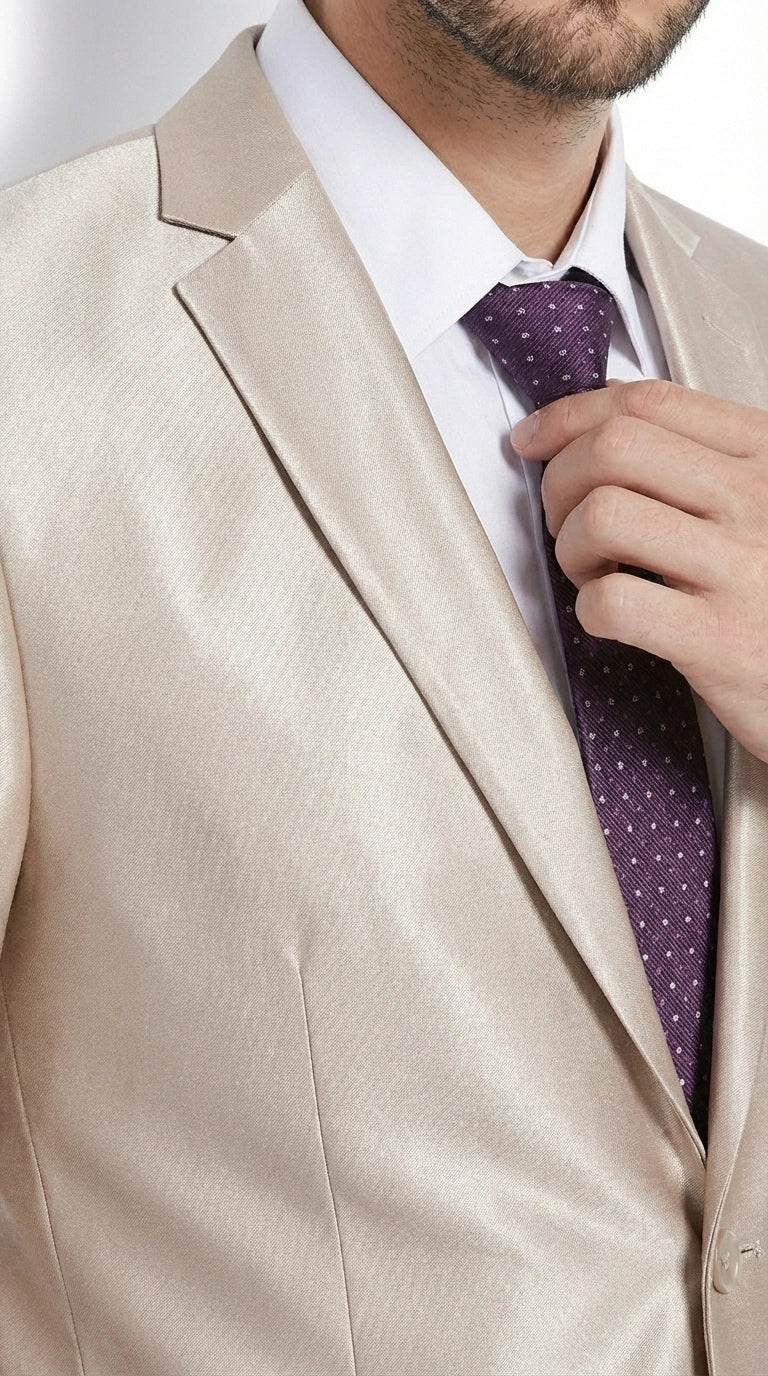 Men’s Champagne Tan Sharkskin 2 Button Suit – Shiny Formal Suit with Optional Vest for Wedding, Prom, Business Beige Color Modern Fit
