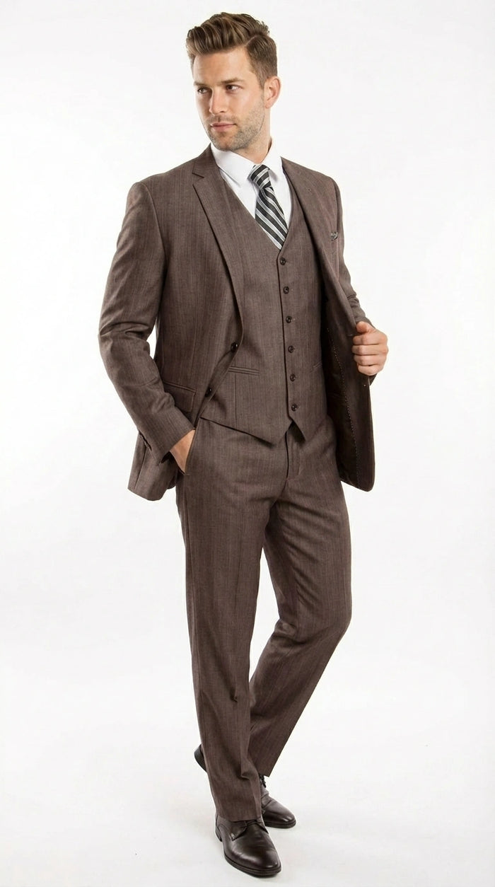 Men’s Brown Sharkskin 3 Piece Suit – Textured Two Button Vested Business Formal Suit for Wedding, Party Wear Vested Modern Fit