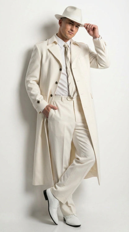 Men’s Ivory Cream Off White  Full Length Zoot Suit – Vintage Gangster Style Long Coat Formal Suit