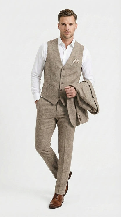Men’s Light Beige Herringbone Tweed Suit with Vest – Classic Three Piece Formal Suit, Vintage Business Wedding Outfit, Elegant Smart Casual Wear