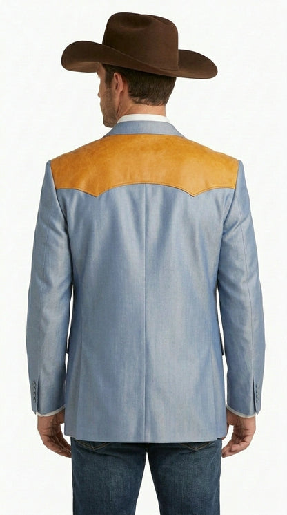 Men’s Sky Blue and Gold Western Cowboy Blazer – Classic Country Style Jacket, Retro in Steel Blue Color