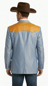 Men’s Sky Blue and Gold Western Cowboy Blazer – Classic Country Style Jacket, Retro in Steel Blue Color