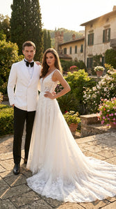 Men’s White Double Breasted Dinner Jacket Blazer with Black Pants – Formal Tuxedo Style Outfit for Weddings