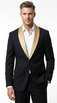 Men’s Black Suit with Gold Lapel – Luxury Formal Tuxedo Style Suit for Wedding, Prom, Party and Evening Wear