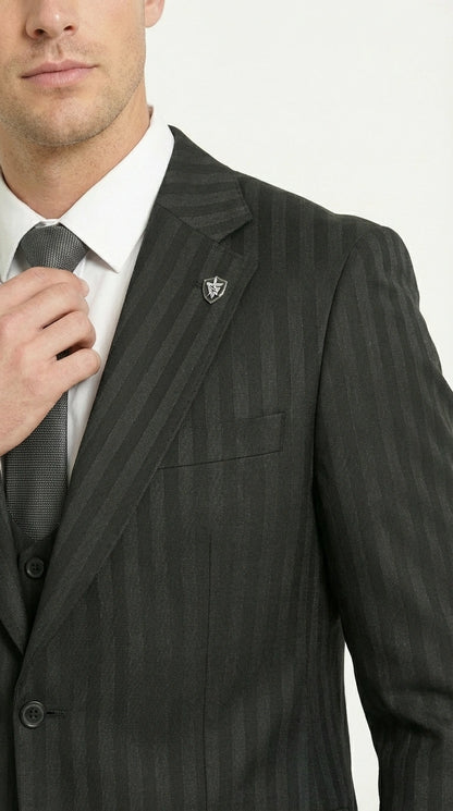Men’s Black Pinstripe 3 Piece Suit – Vested Formal Business Suit for Wedding, Office, Prom and Party Wear Modern Fit