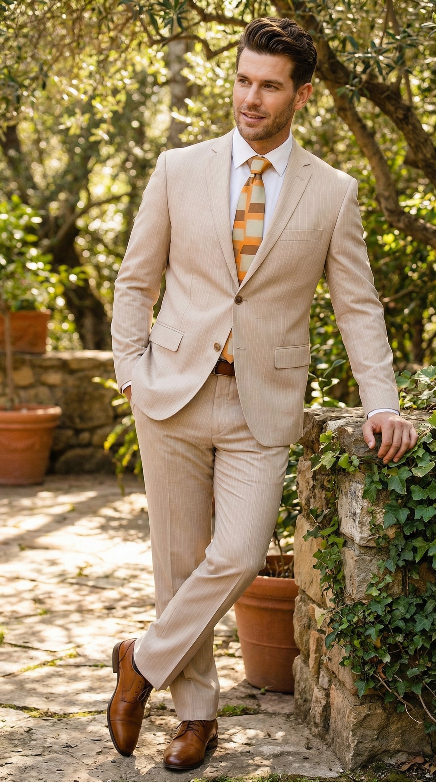 Vitali Men’s Natural Beige Pinstripe Suit – Summer Tan Pinstripe  Weddings and Business Wear Modern Fit