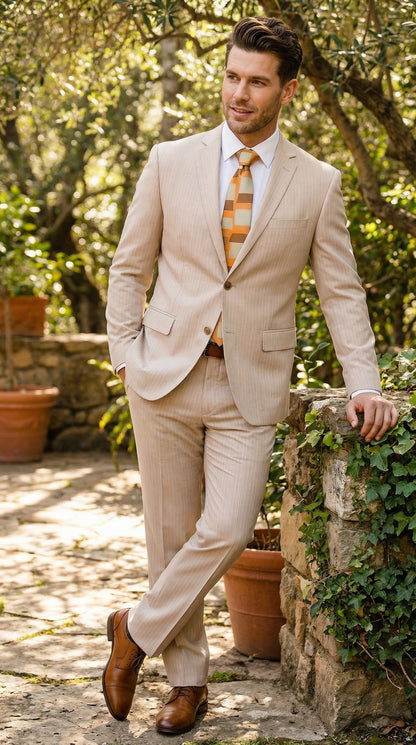 Vitali Men’s Natural Beige Pinstripe Suit – Summer Tan Pinstripe  Weddings and Business Wear Modern Fit
