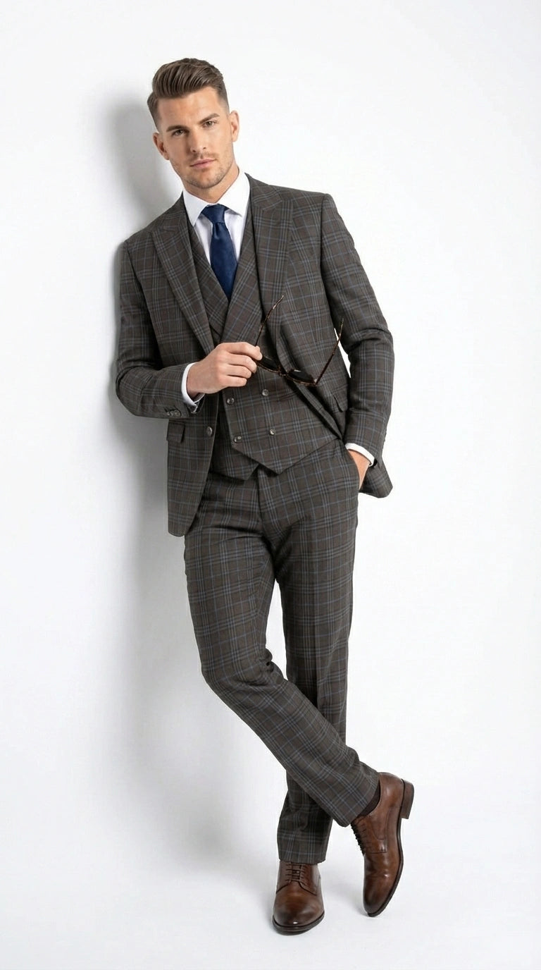 Vitali Men’s Brown Grey with blue Check 3 Piece Suit – Classic Plaid Formal Suit Set with Blazer, Vest & Trousers, Business Wedding Party Wear for Men Modern Fit