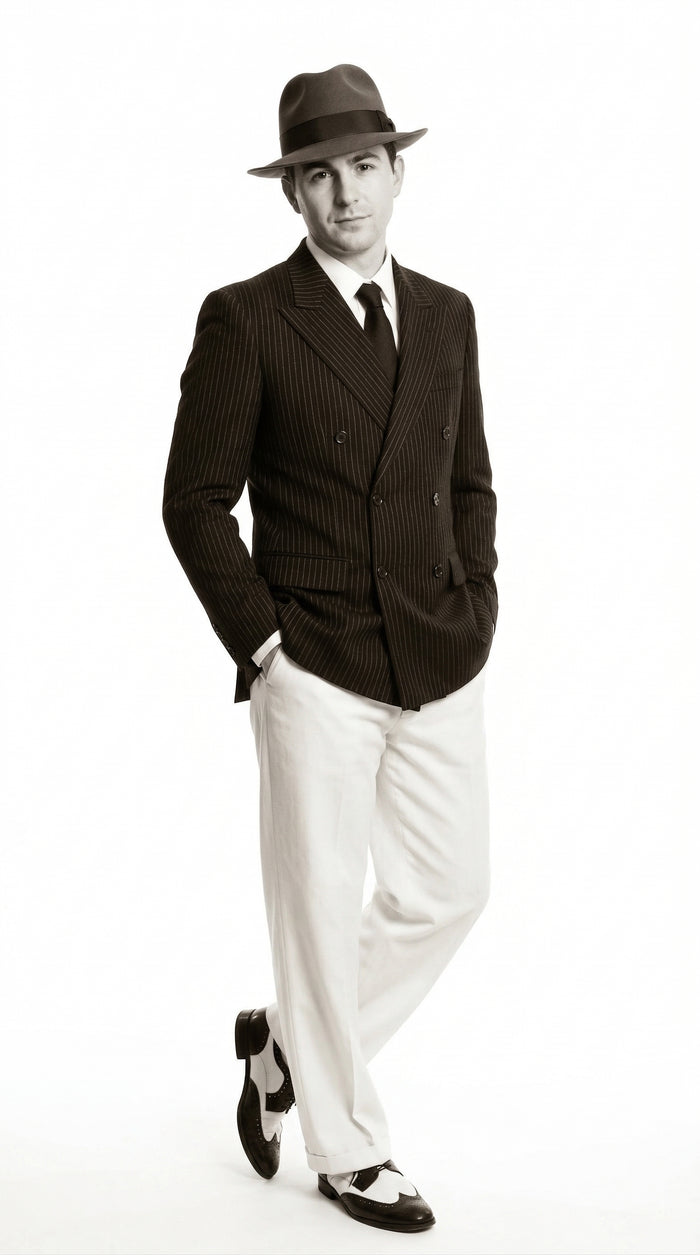 Men’s Black Pinstripe Blazer with White Pants 1920s Gangster Mob Boss Style Suit – Double Breasted Vintage Formal Jacket, Classic Party Costume Wear