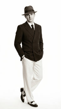 Men’s Black Pinstripe Blazer with White Pants 1920s Gangster Mob Boss Style Suit – Double Breasted Vintage Formal Jacket, Classic Party Costume Wear
