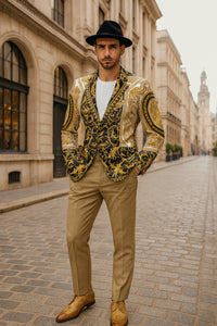 Men’s Black and Gold Baroque Blazer with Matching Pants, Hat, and Shoes – Luxury Party and Wedding Outfit Set