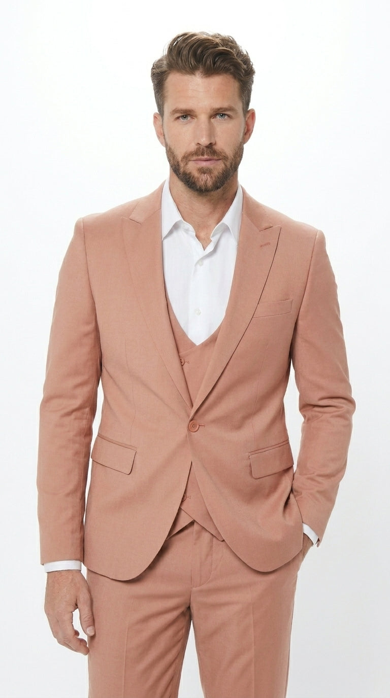 Men’s Peach Light Brown 3 Piece Suit – Wedding & Prom Formal Suit Set, Blazer Pants Double breasted vest