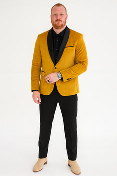 Men’s Mustard Gold Tuxedo Jacket – Slim Fit Dinner Blazer with Black Satin Shawl Lapel + Free Black Pants & Bowtie