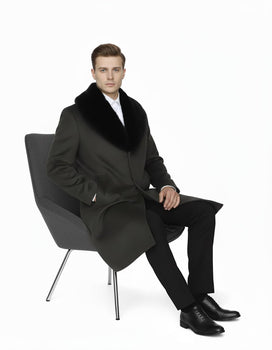Mens Full Length Olive Overcoat with Black Fur Collar – Luxury Wool Fabric Winter Long Coat in Hunter Green - Image 5
