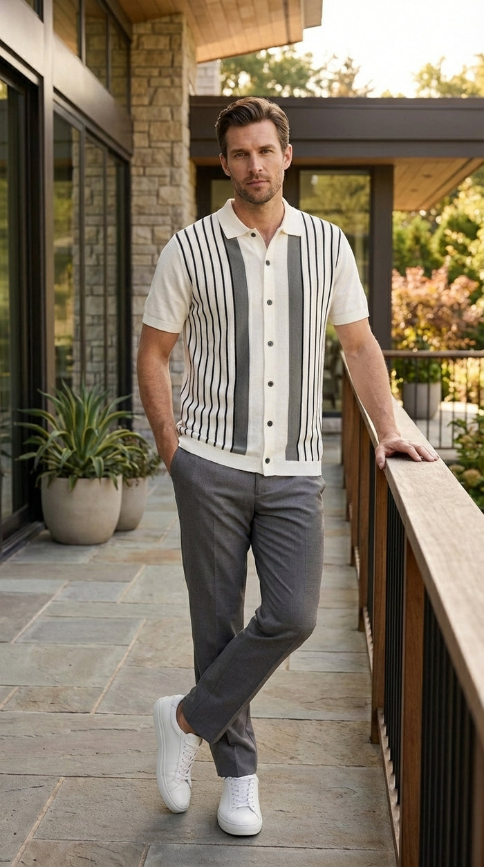 Mens White and Charcoal Gray Stripe Walking Suit Plus Matching Pants – Short Sleeve Button Shirt and Pants Casual Summer Outfit for Travel, Vacation and Everyday Wear