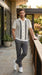 Mens White and Charcoal Gray Stripe Walking Suit Plus Matching Pants – Short Sleeve Button Shirt and Pants Casual Summer Outfit for Travel, Vacation and Everyday Wear