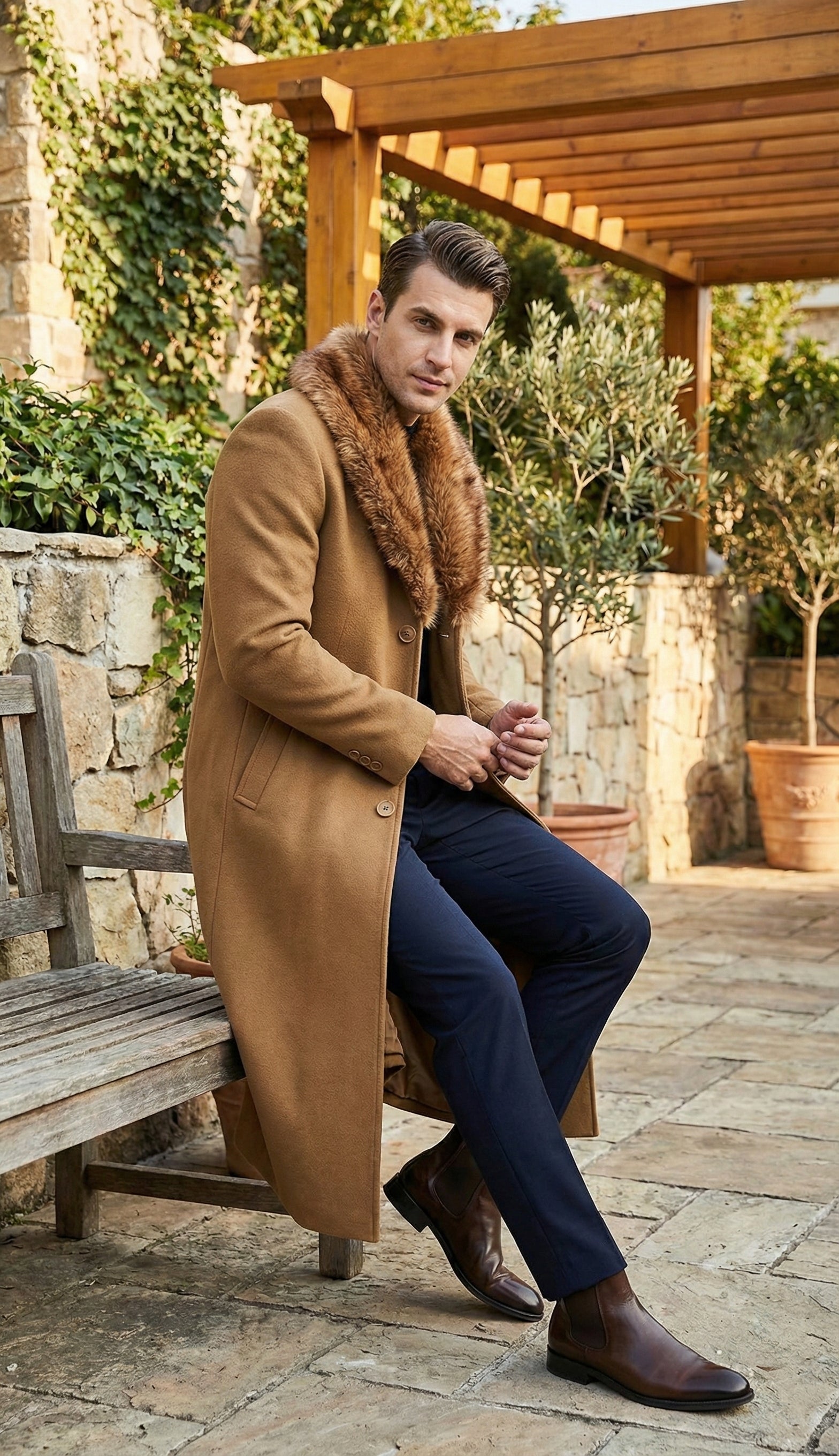 Men's Camel Brown Long Overcoat with Faux Fur Collar, Classic Winter Topcoat for Formal and Business Wear - Image 5