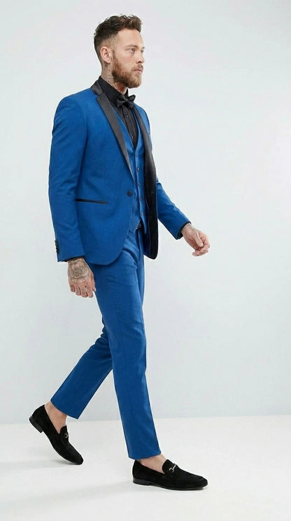 Men’s Royal Blue 3 Piece Suit with Black Lapel – Modern Formal Suit for Wedding, Prom and Party Wear Modern Fit