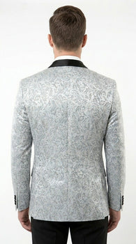 Men’s Silver and Black Floral Blazer – Elegant Formal Tuxedo Style Blazer Jacket for Wedding, Party, Prom and Evening Wear