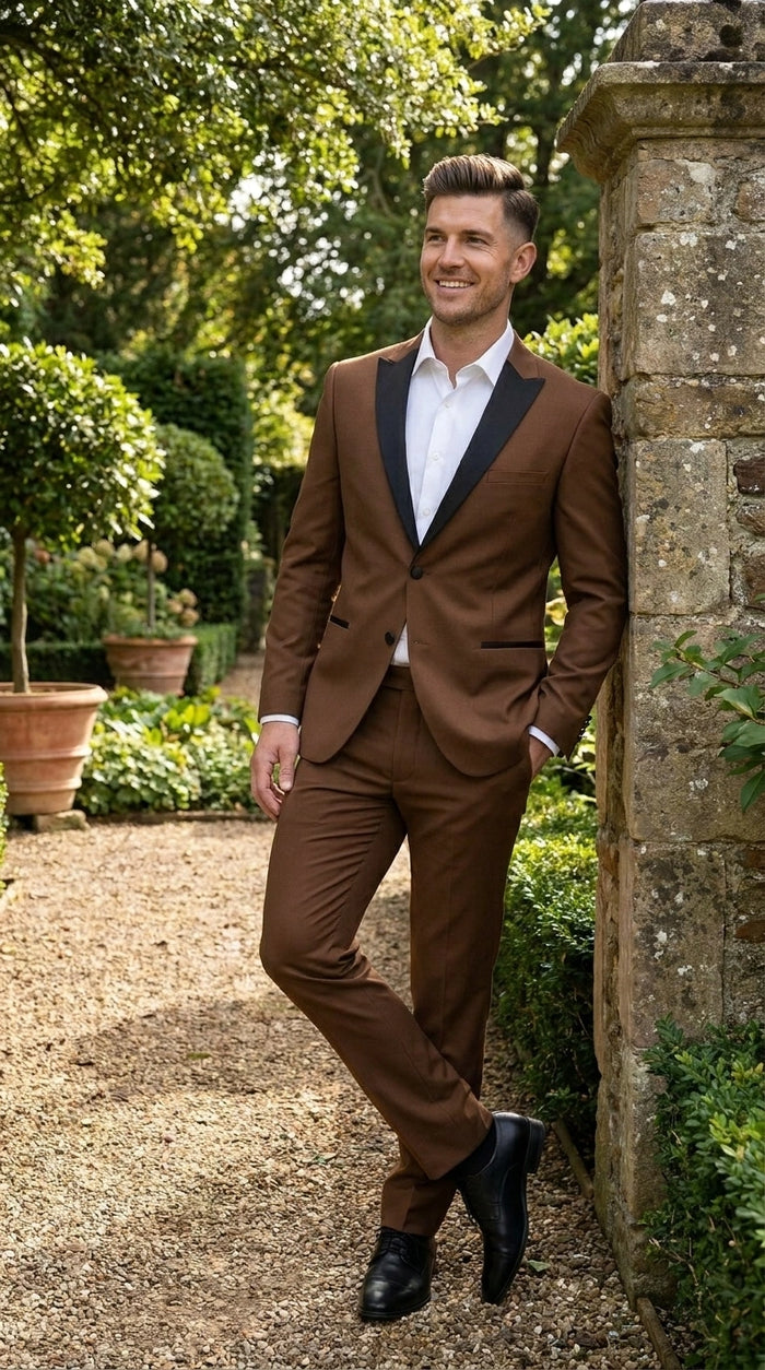 Men’s Light Brown Vested Piece Suit – Elegant Formal Suit with Contrast Lapel for Wedding, Party Modern Fit