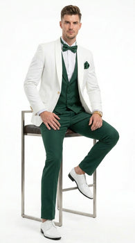 Men’s White and Hunter Green 3 Piece Suit – Elegant Formal Suit with Vest, Wedding Tuxedo Suit for Prom and Party Wear
