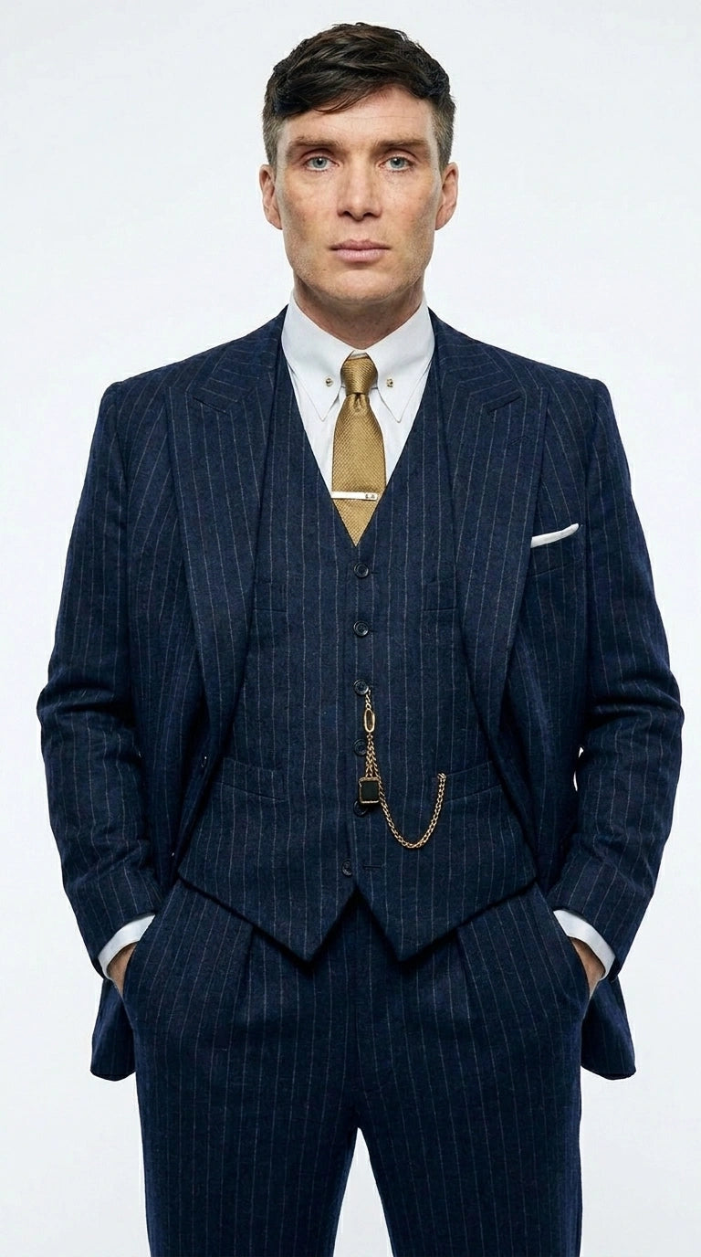 Men’s Navy Blue Pinstripe 3 Piece Suit, Thomas Shelby Inspired Vintage Formal Suit for Weddings, Parties, Prom, and Special Events Modern Fit