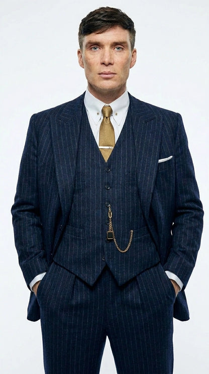 Men’s Navy Blue Pinstripe 3 Piece Suit, Thomas Shelby Inspired Vintage Formal Suit for Weddings, Parties, Prom, and Special Events Modern Fit