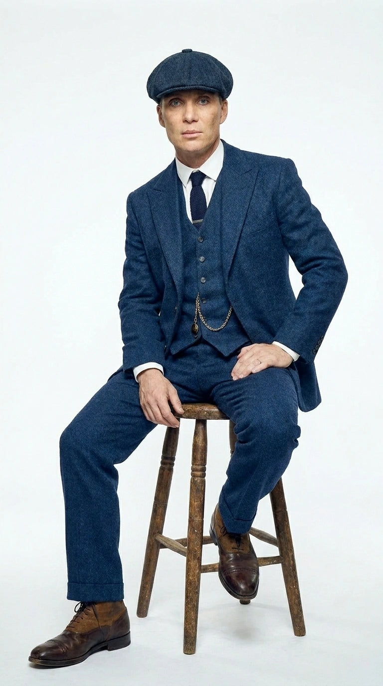Men’s Blue 3 Piece Suit, Thomas Shelby Inspired Vintage Formal Suit Herringbone Tweed 1920s fabric Modern Fit