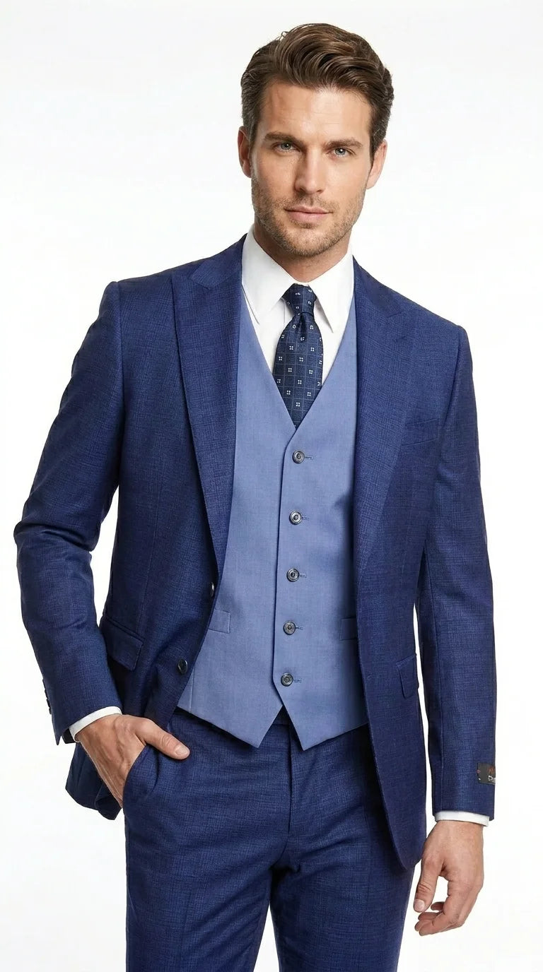 Vitali Men’s Navy Blue 3 Piece Suit with Light Blue Vest, Textured Formal Dress Suit for Weddings, Prom, Business Events, and Parties Modern Fit