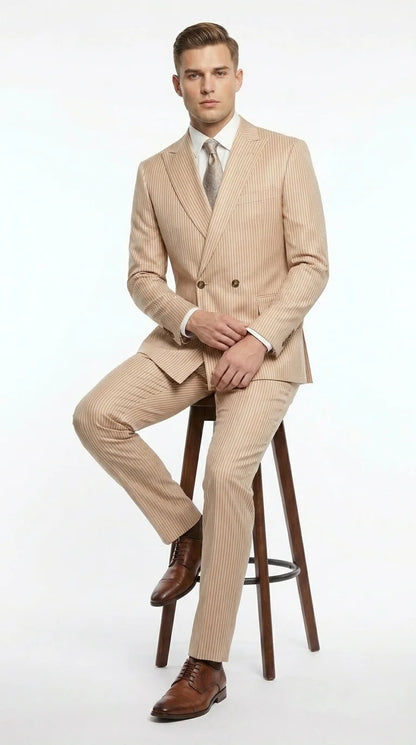 Vitali Men’s Tone on Tone Beige Pinstripe 2 Piece Suit, Double Breasted Summer Dress Suit for Weddings, Tan Beige Shadow Pinstripe Modern Fit