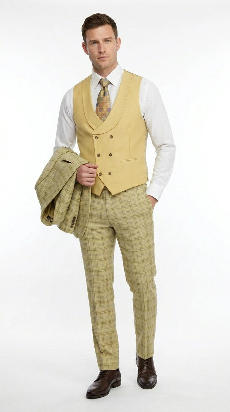 Vitali Men’s Sage Beige Tan Plaid 3 Piece Suit, Check Pattern Formal Dress Suit for Weddings, Prom, Business Events,Light Yellow Color Modern Fit